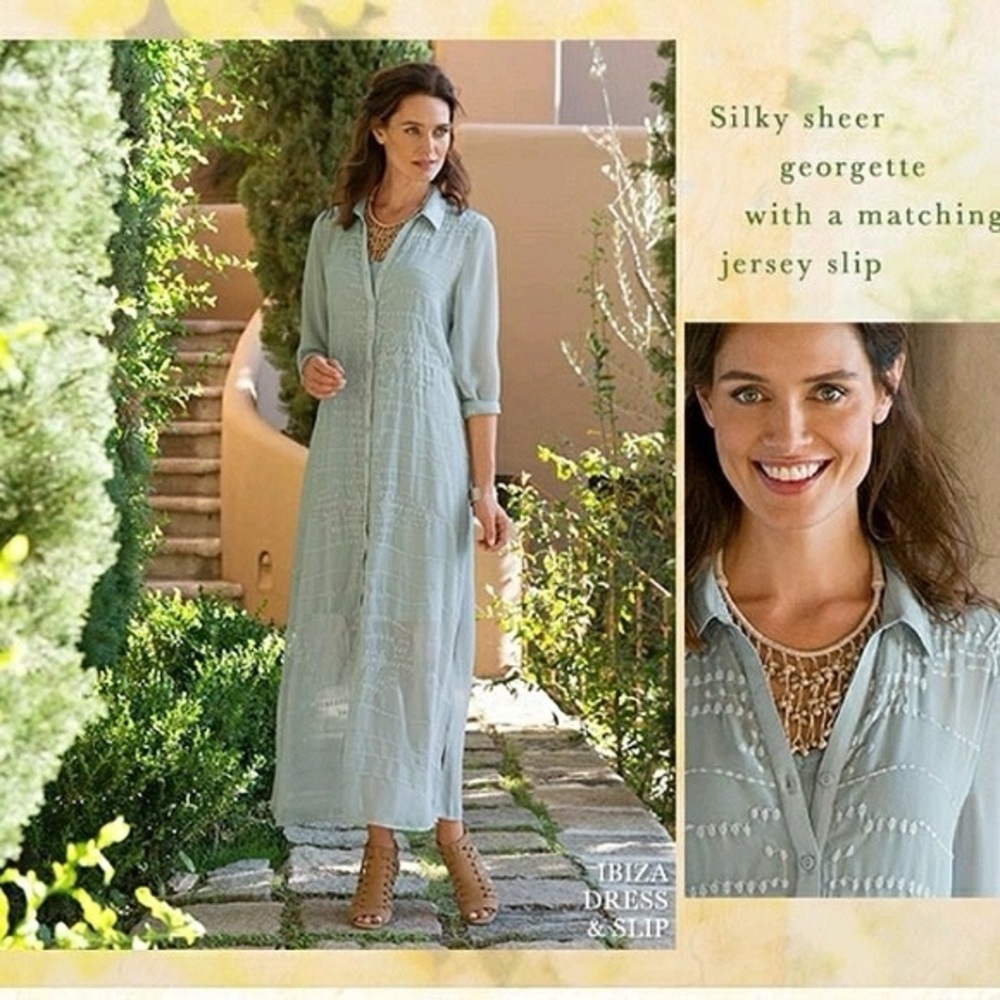 Soft Surroundings Ibiza Maxi Dress and Slip XS Petite Georgette Sheer Embroidery